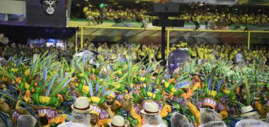 Rio de Janeiro, Brasil-  February 29, 2020: Samba Parade at the 2020 Carnival, Champions Parade, Sambodromo. It's raining