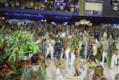 Rio de Janeiro, Brasil-  February 29, 2020: Samba Parade at the 2020 Carnival, Champions Parade, Sambodromo. It's raining