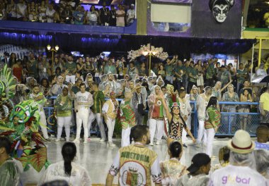 Rio de Janeiro, Brasil-  February 29, 2020: Samba Parade at the 2020 Carnival, Champions Parade, Sambodromo. It's raining