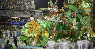 Rio de Janeiro, Brasil-  February 29, 2020: Samba Parade at the 2020 Carnival, Champions Parade, Sambodromo. It's raining