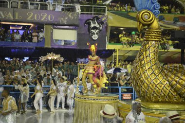 Rio de Janeiro, Brasil-  February 29, 2020: Samba Parade at the 2020 Carnival, Champions Parade, Sambodromo. It's raining