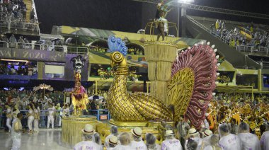 Rio de Janeiro, Brasil-  February 29, 2020: Samba Parade at the 2020 Carnival, Champions Parade, Sambodromo. It's raining