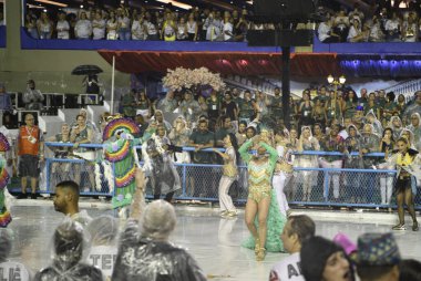 Rio de Janeiro, Brasil-  February 29, 2020: Samba Parade at the 2020 Carnival, Champions Parade, Sambodromo. It's raining