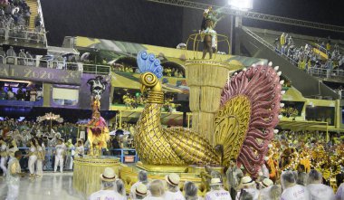 Rio de Janeiro, Brasil-  February 29, 2020: Samba Parade at the 2020 Carnival, Champions Parade, Sambodromo. It's raining