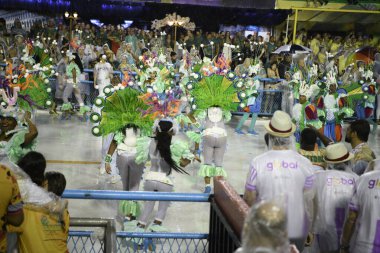 Rio de Janeiro, Brasil-  February 29, 2020: Samba Parade at the 2020 Carnival, Champions Parade, Sambodromo. It's raining