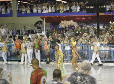 Rio de Janeiro, Brasil-  February 29, 2020: Samba Parade at the 2020 Carnival, Champions Parade, Sambodromo. It's raining