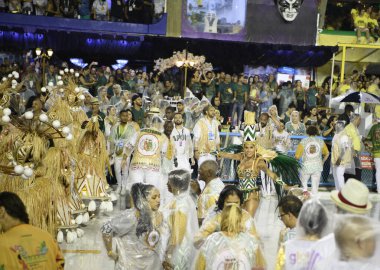 Rio de Janeiro, Brasil-  February 29, 2020: Samba Parade at the 2020 Carnival, Champions Parade, Sambodromo. It's raining