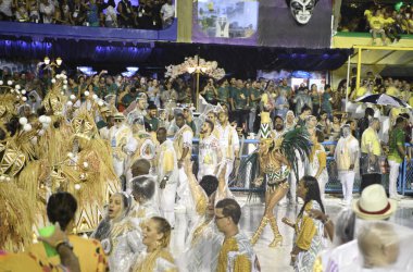 Rio de Janeiro, Brasil-  February 29, 2020: Samba Parade at the 2020 Carnival, Champions Parade, Sambodromo. It's raining