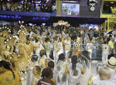 Rio de Janeiro, Brasil-  February 29, 2020: Samba Parade at the 2020 Carnival, Champions Parade, Sambodromo. It's raining