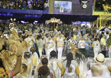 Rio de Janeiro, Brasil-  February 29, 2020: Samba Parade at the 2020 Carnival, Champions Parade, Sambodromo. It's raining