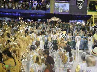 Rio de Janeiro, Brasil-  February 29, 2020: Samba Parade at the 2020 Carnival, Champions Parade, Sambodromo. It's raining