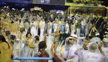 Rio de Janeiro, Brasil-  February 29, 2020: Samba Parade at the 2020 Carnival, Champions Parade, Sambodromo. It's raining
