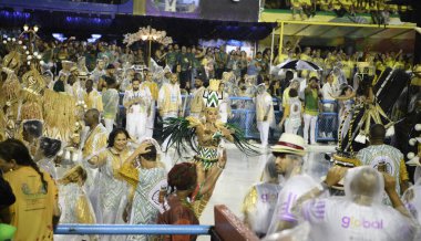 Rio de Janeiro, Brasil-  February 29, 2020: Samba Parade at the 2020 Carnival, Champions Parade, Sambodromo. It's raining