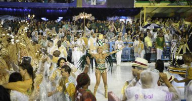 Rio de Janeiro, Brasil-  February 29, 2020: Samba Parade at the 2020 Carnival, Champions Parade, Sambodromo. It's raining