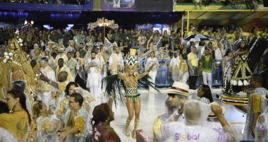 Rio de Janeiro, Brasil-  February 29, 2020: Samba Parade at the 2020 Carnival, Champions Parade, Sambodromo. It's raining