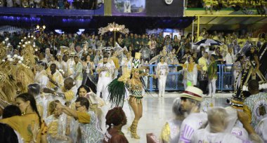 Rio de Janeiro, Brasil-  February 29, 2020: Samba Parade at the 2020 Carnival, Champions Parade, Sambodromo. It's raining