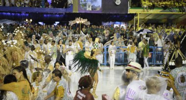 Rio de Janeiro, Brasil-  February 29, 2020: Samba Parade at the 2020 Carnival, Champions Parade, Sambodromo. It's raining