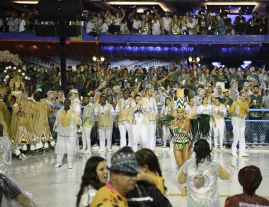 Rio de Janeiro, Brasil-  February 29, 2020: Samba Parade at the 2020 Carnival, Champions Parade, Sambodromo. It's raining