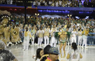 Rio de Janeiro, Brasil-  February 29, 2020: Samba Parade at the 2020 Carnival, Champions Parade, Sambodromo. It's raining