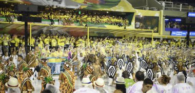 Rio de Janeiro, Brasil-  February 29, 2020: Samba Parade at the 2020 Carnival, Champions Parade, Sambodromo. It's raining