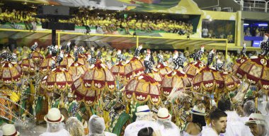 Rio de Janeiro, Brasil-  February 29, 2020: Samba Parade at the 2020 Carnival, Champions Parade, Sambodromo. It's raining