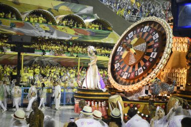 Rio de Janeiro, Brasil-  February 29, 2020: Samba Parade at the 2020 Carnival, Champions Parade, Sambodromo. It's raining