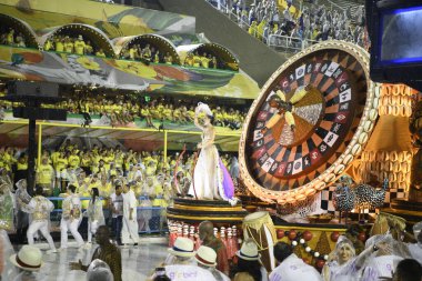 Rio de Janeiro, Brasil-  February 29, 2020: Samba Parade at the 2020 Carnival, Champions Parade, Sambodromo. It's raining