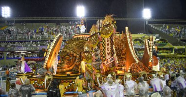 Rio de Janeiro, Brasil-  February 29, 2020: Samba Parade at the 2020 Carnival, Champions Parade, Sambodromo. It's raining