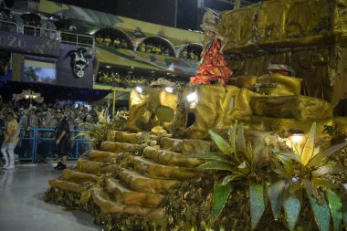 Rio de Janeiro, Brasil-  February 29, 2020: Samba Parade at the 2020 Carnival, Champions Parade, Sambodromo. It's raining