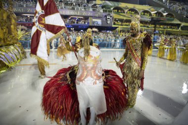 Rio de Janeiro, Brasil-  February 29, 2020: Samba Parade at the 2020 Carnival, Champions Parade, Sambodromo. It's raining