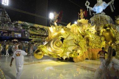 Rio de Janeiro, Brasil-  February 29, 2020: Samba Parade at the 2020 Carnival, Champions Parade, Sambodromo. It's raining