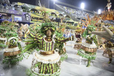 Rio de Janeiro, Brasil-  February 29, 2020: Samba Parade at the 2020 Carnival, Champions Parade, Sambodromo. It's raining