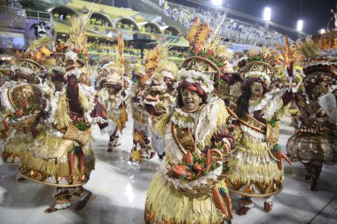 Rio de Janeiro, Brasil-  February 29, 2020: Samba Parade at the 2020 Carnival, Champions Parade, Sambodromo. It's raining
