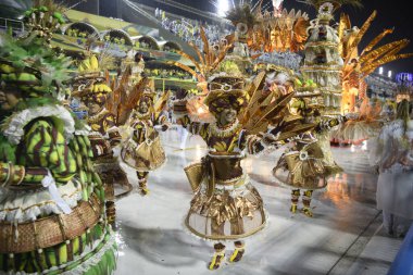Rio de Janeiro, Brasil-  February 29, 2020: Samba Parade at the 2020 Carnival, Champions Parade, Sambodromo. It's raining