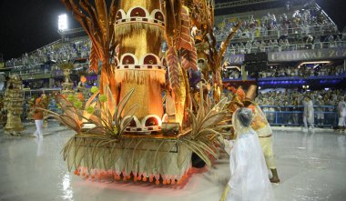 Rio de Janeiro, Brasil-  February 29, 2020: Samba Parade at the 2020 Carnival, Champions Parade, Sambodromo. It's raining