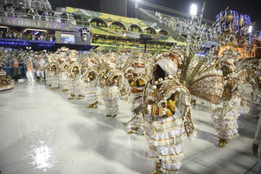 Rio de Janeiro, Brasil-  February 29, 2020: Samba Parade at the 2020 Carnival, Champions Parade, Sambodromo. It's raining
