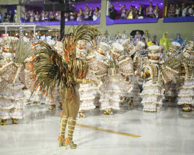 Rio de Janeiro, Brasil-  February 29, 2020: Samba Parade at the 2020 Carnival, Champions Parade, Sambodromo. It's raining