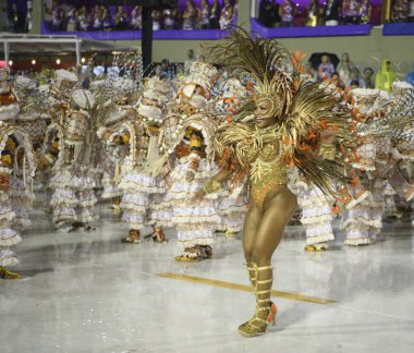 Rio de Janeiro, Brasil-  February 29, 2020: Samba Parade at the 2020 Carnival, Champions Parade, Sambodromo. It's raining