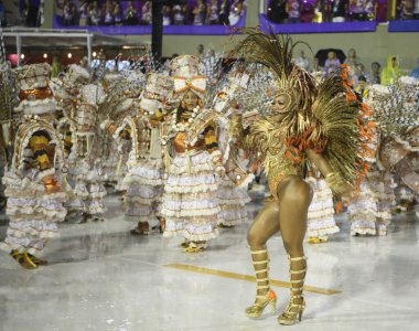 Rio de Janeiro, Brasil-  February 29, 2020: Samba Parade at the 2020 Carnival, Champions Parade, Sambodromo. It's raining