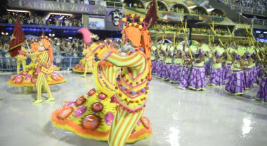 Rio de Janeiro, Brasil-  February 29, 2020: Samba Parade at the 2020 Carnival, Champions Parade, Sambodromo. It's raining