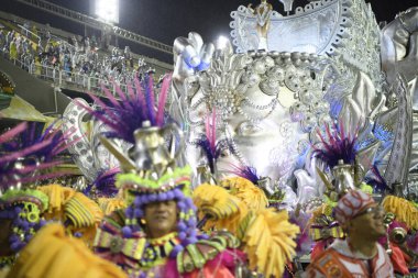 Rio de Janeiro, Brasil-  February 29, 2020: Samba Parade at the 2020 Carnival, Champions Parade, Sambodromo. It's raining