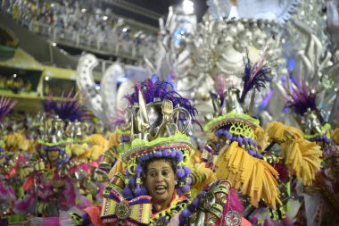 Rio de Janeiro, Brasil-  February 29, 2020: Samba Parade at the 2020 Carnival, Champions Parade, Sambodromo. It's raining