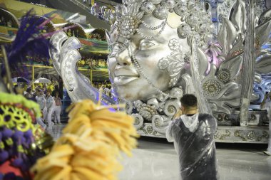 Rio de Janeiro, Brasil-  February 29, 2020: Samba Parade at the 2020 Carnival, Champions Parade, Sambodromo. It's raining