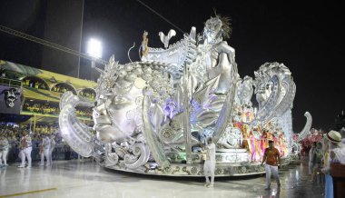 Rio de Janeiro, Brasil-  February 29, 2020: Samba Parade at the 2020 Carnival, Champions Parade, Sambodromo. It's raining