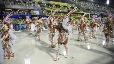 Rio de Janeiro, Brasil-  February 29, 2020: Samba Parade at the 2020 Carnival, Champions Parade, Sambodromo. It's raining