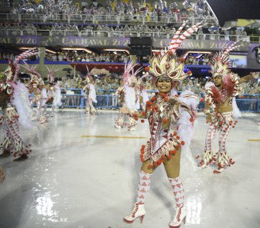 Rio de Janeiro, Brasil-  February 29, 2020: Samba Parade at the 2020 Carnival, Champions Parade, Sambodromo. It's raining