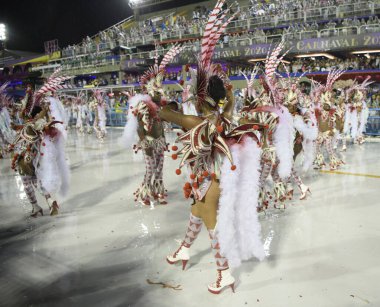 Rio de Janeiro, Brasil-  February 29, 2020: Samba Parade at the 2020 Carnival, Champions Parade, Sambodromo. It's raining