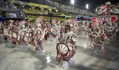 Rio de Janeiro, Brasil-  February 29, 2020: Samba Parade at the 2020 Carnival, Champions Parade, Sambodromo. It's raining