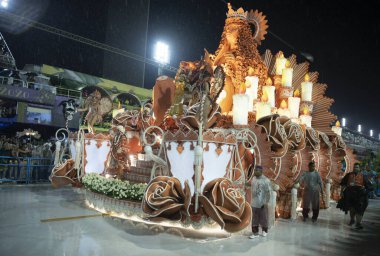 Rio de Janeiro, Brasil-  February 29, 2020: Samba Parade at the 2020 Carnival, Champions Parade, Sambodromo. It's raining