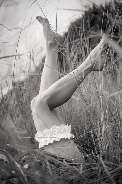 Black White Photograph Bridal Garter Beautiful Slim Female Legs — Stock Photo, Image